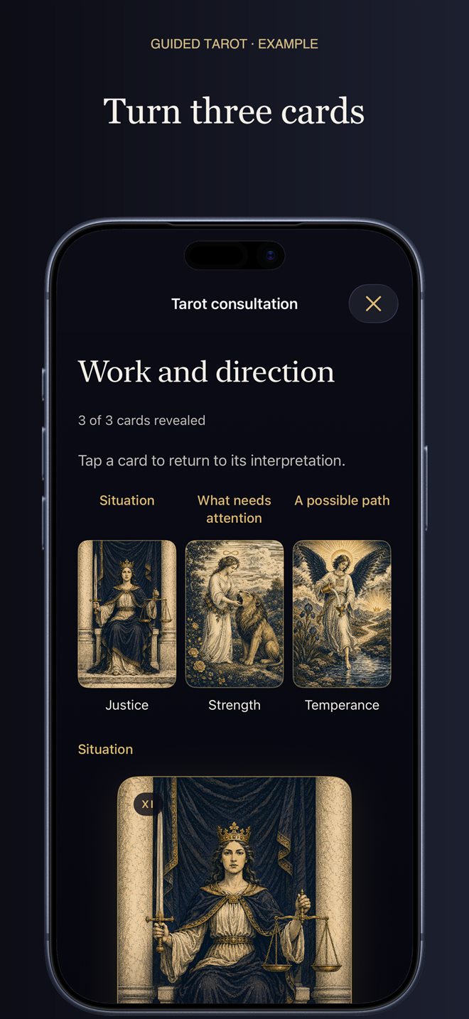 Guided three-card tarot consultation (example)
