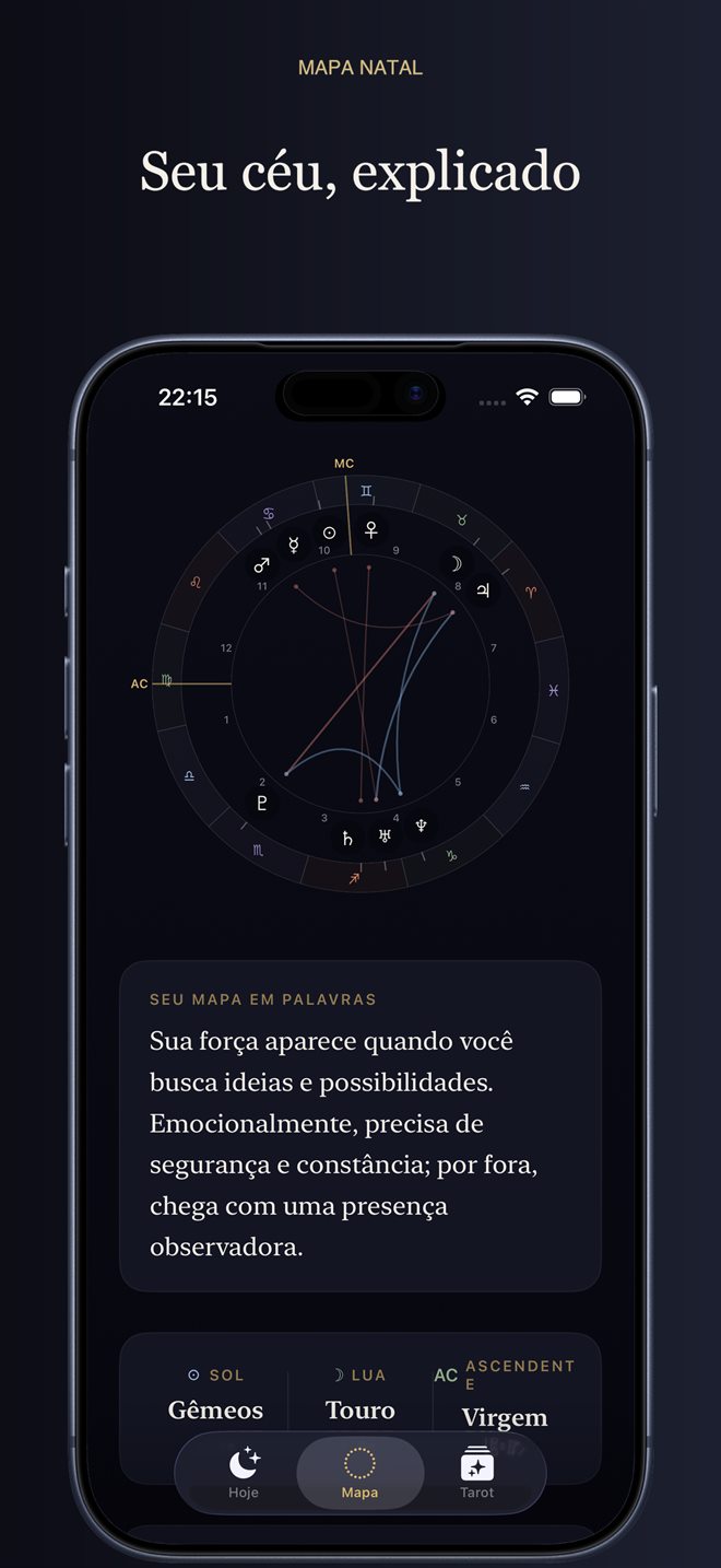 Tela do Astrology com a roda do mapa natal e a frase 'Seu mapa em palavras'