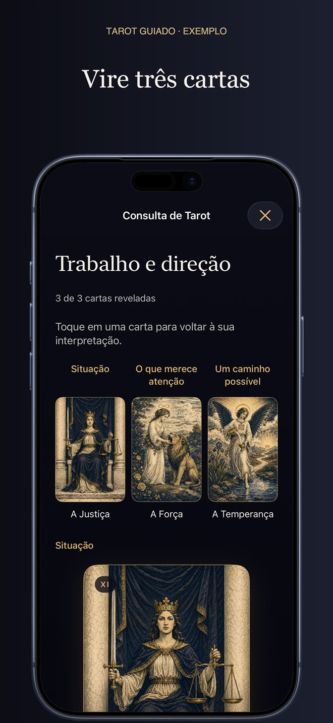 Consulta guiada de tarô com três cartas abertas (exemplo)