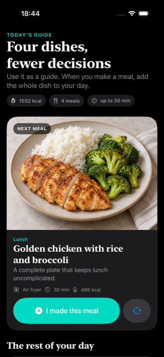 Real Easy Diet screen with four recipe suggestions