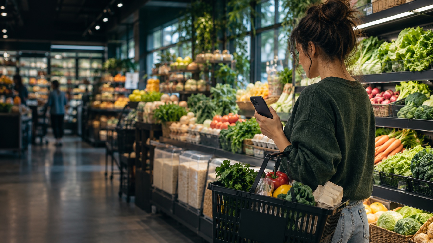 Person consulting their phone while choosing groceries