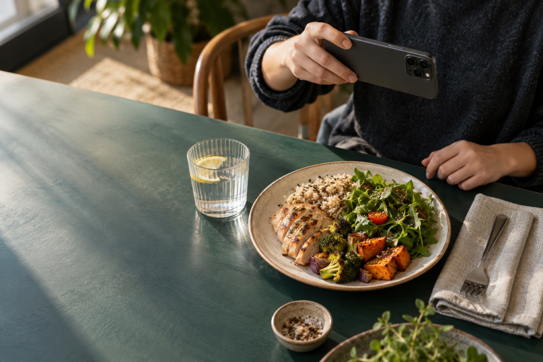 Person photographing a home-cooked meal before eating